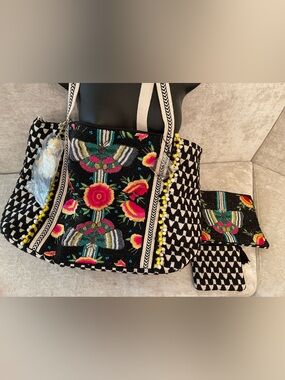 NWT America and Beyond Embroidered Black Floral Tote Bag with Accent Pom Trim
